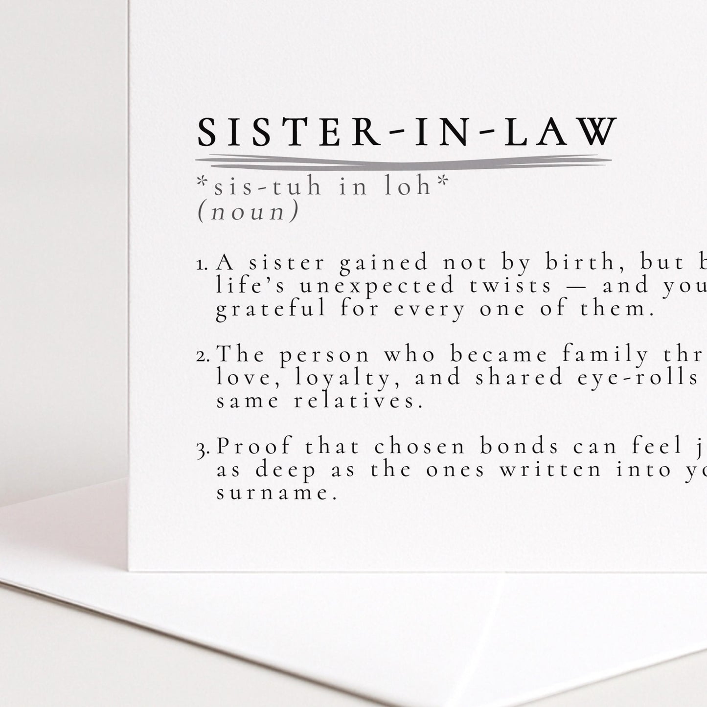 Sister In Law Card – Minimalist Definition Card With Matte Finish & Envelope