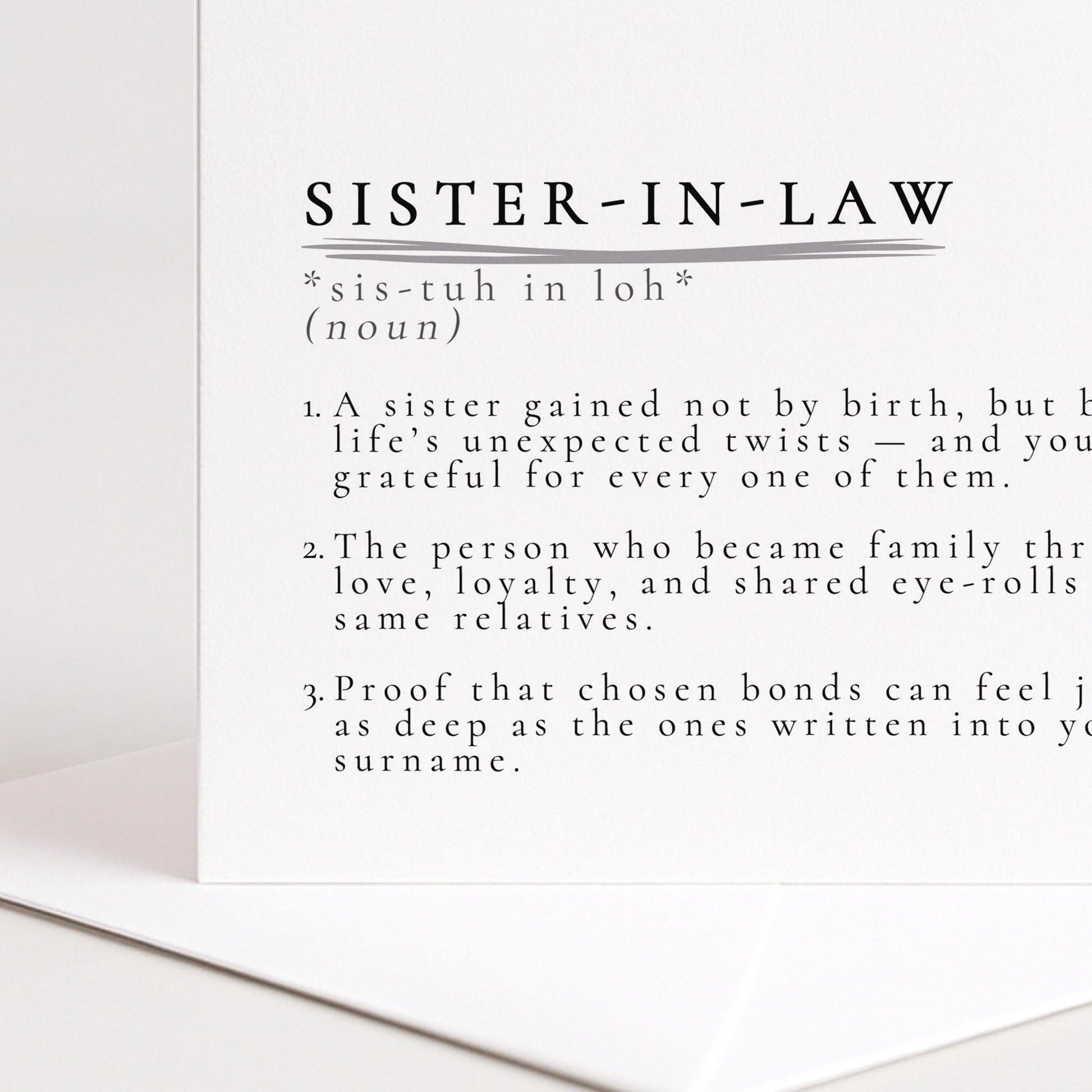 Sister In Law Card – Minimalist Definition Card With Matte Finish & Envelope