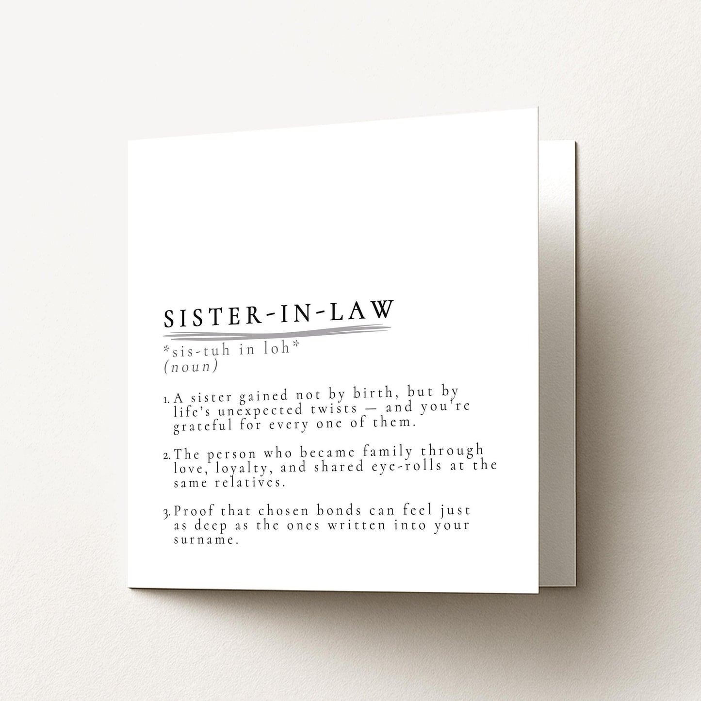 Sister In Law Card – Minimalist Definition Card With Matte Finish & Envelope