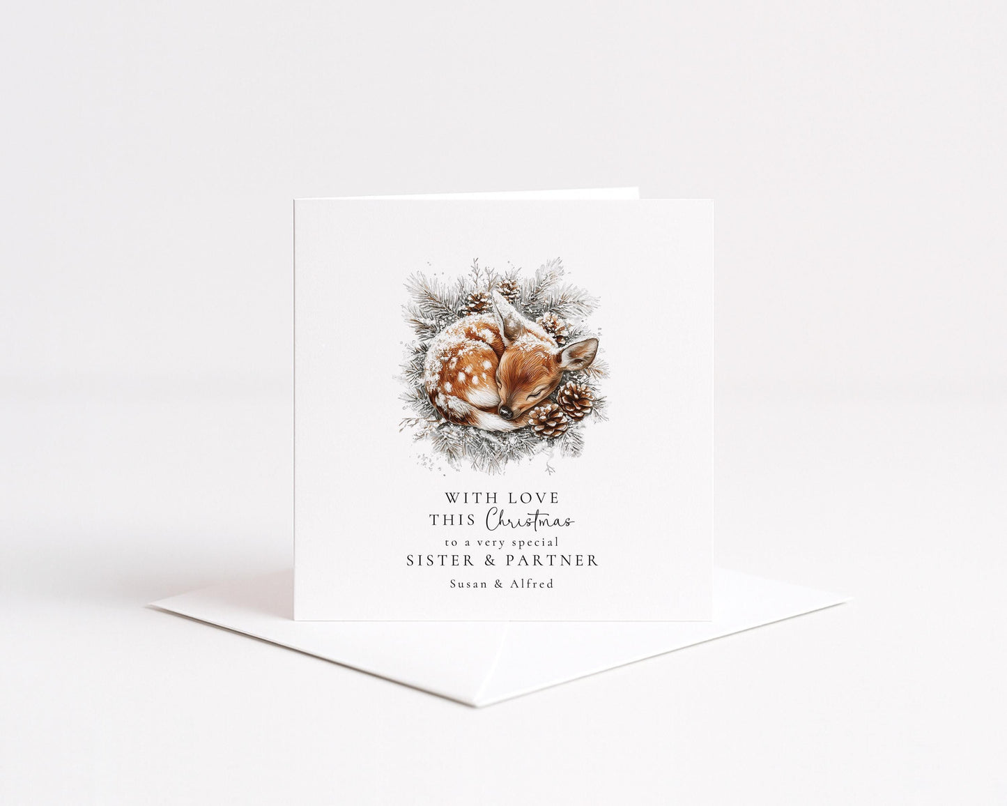 Sister Partner Christmas Card – Personalised Snowy Deer Illustration | Premium Matte Finish