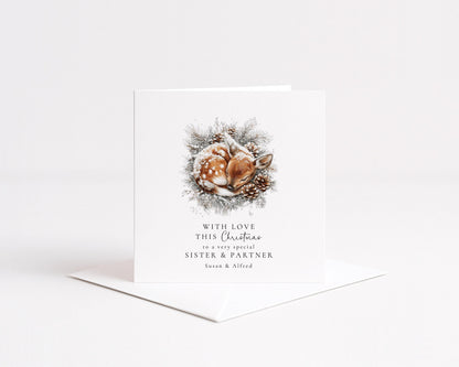 Sister Partner Christmas Card – Personalised Snowy Deer Illustration | Premium Matte Finish