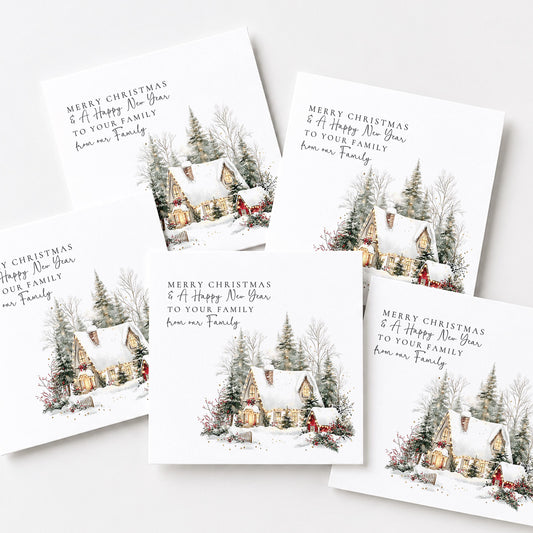 Personalised Family Christmas Card Multipack, Snowy Cottage Design, Pack of 5 10 15 20 25 30 Cards, Custom Family Name