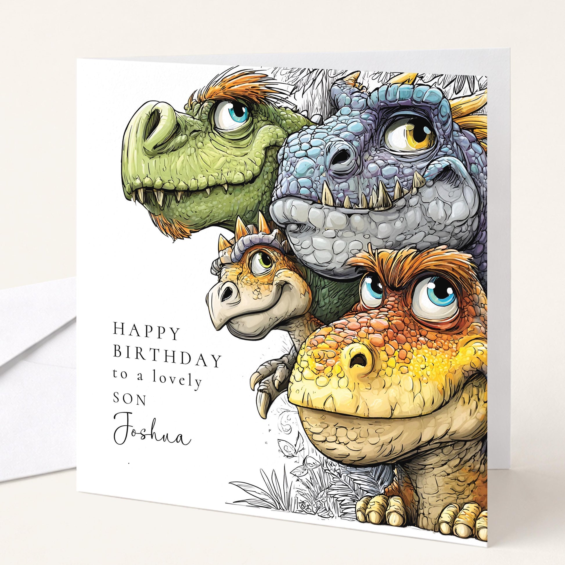 Son Birthday Card - Personalised Dinosaur Design With Custom Name