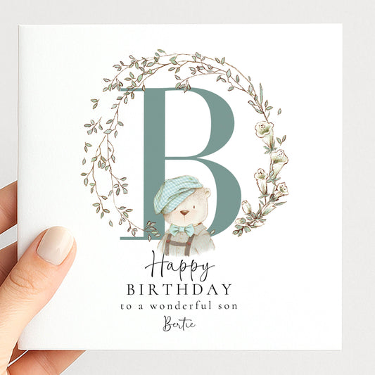 Son Birthday Card – Personalised Name & Bear Illustration | Matte Finish