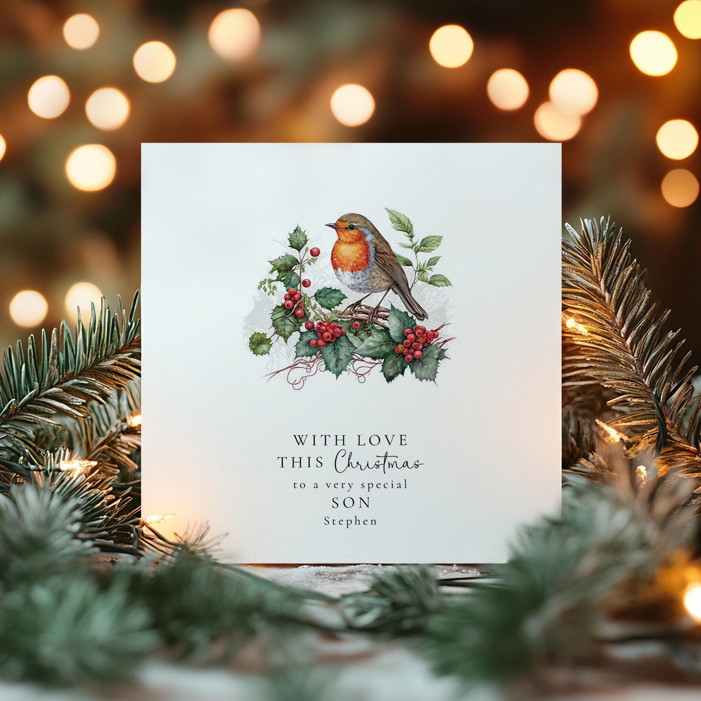 Son Christmas Card - Custom Name Holiday Greeting With Winter Robin Design