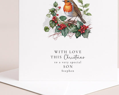 Son Christmas Card - Custom Name Holiday Greeting With Winter Robin Design