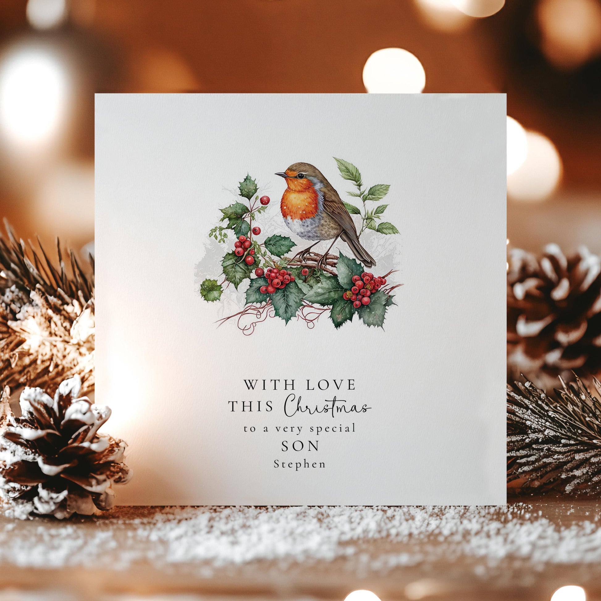 Son Christmas Card - Custom Name Holiday Greeting With Winter Robin Design
