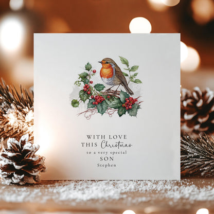 Son Christmas Card - Custom Name Holiday Greeting With Winter Robin Design