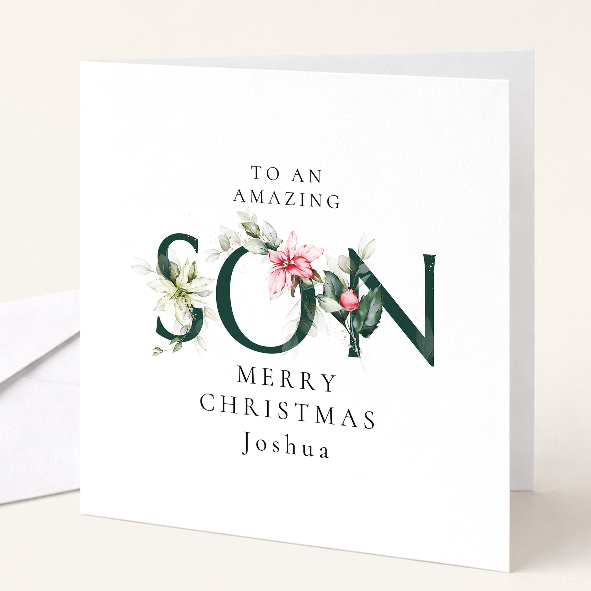 Son Christmas Card – Elegant Festive Holly Design | Personalised Holiday Card