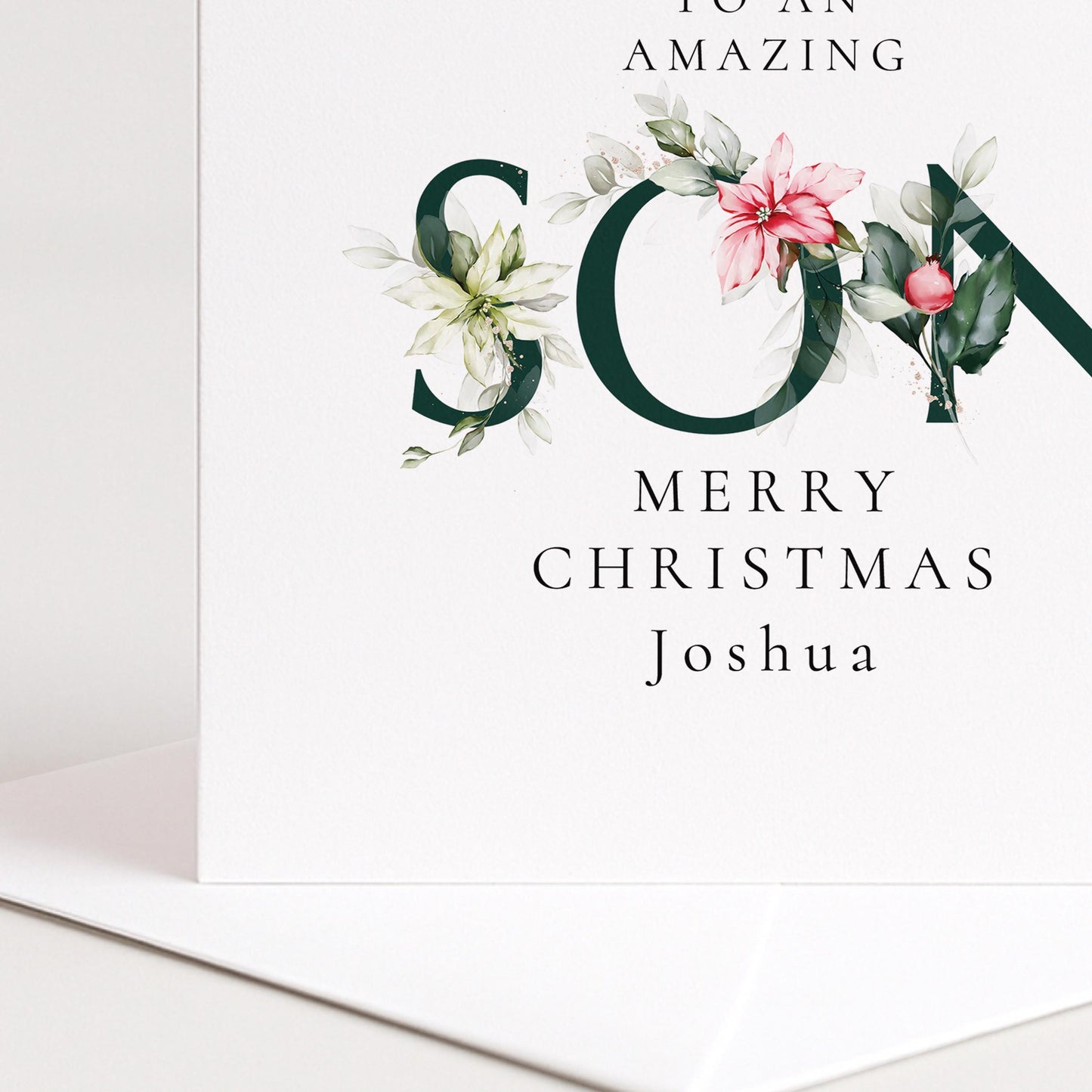 Son Christmas Card – Elegant Festive Holly Design | Personalised Holiday Card
