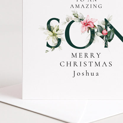 Son Christmas Card – Elegant Festive Holly Design | Personalised Holiday Card