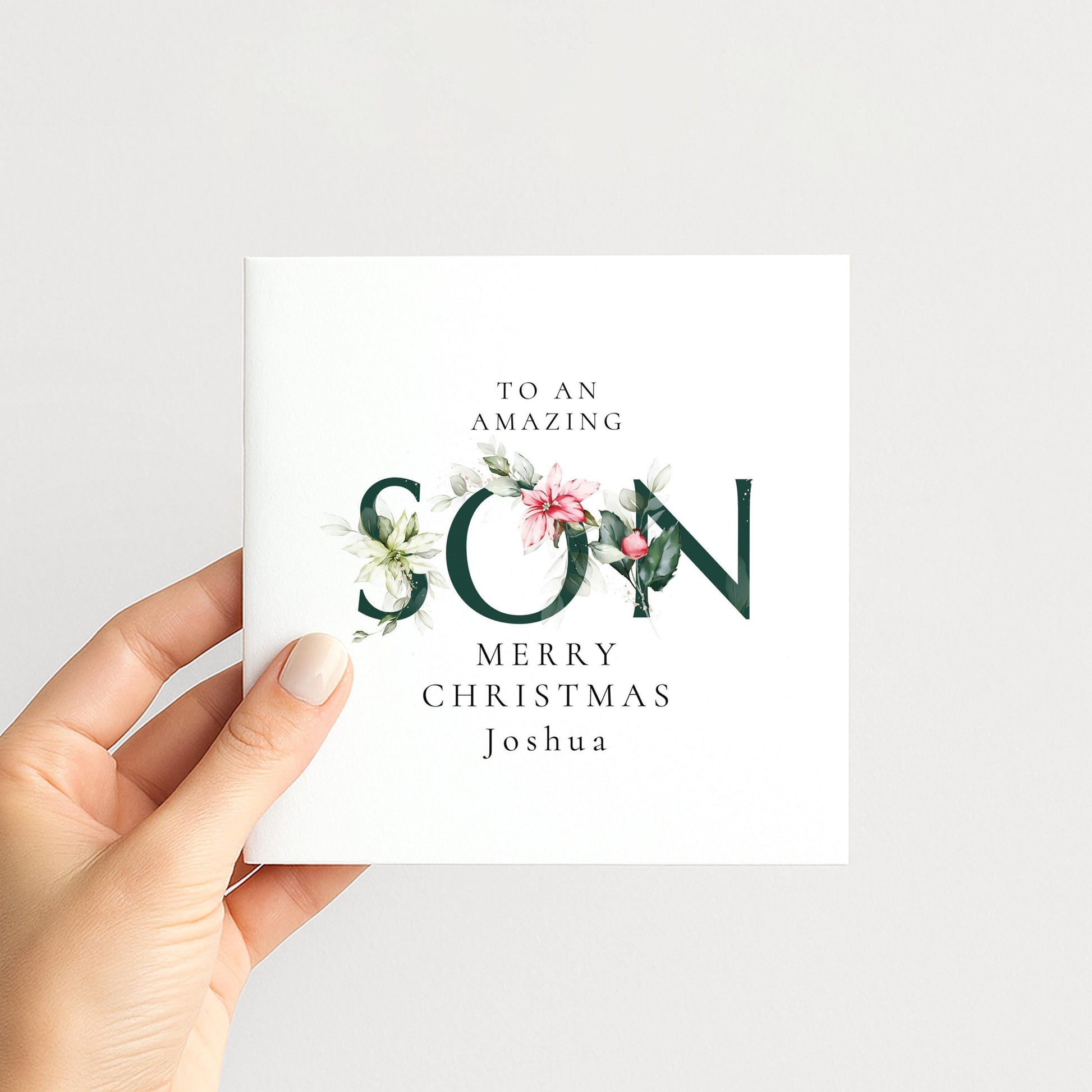 Son Christmas Card – Elegant Festive Holly Design | Personalised Holiday Card