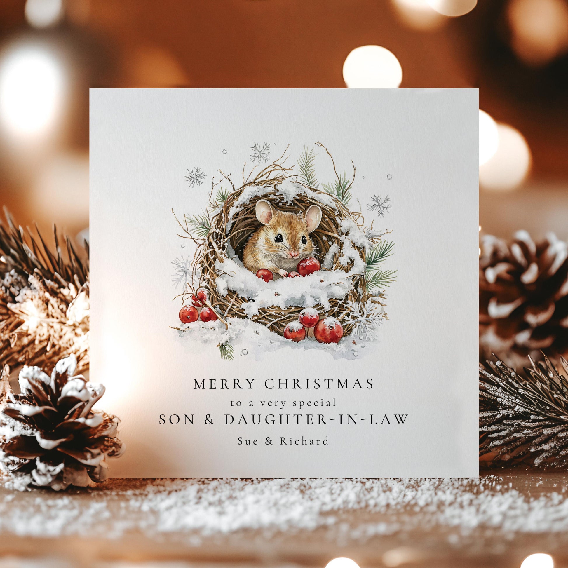 Son Daughter-in-Law Christmas Card – Personalised Winter Wreath With Cute Mouse Design