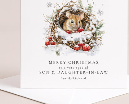 Son Daughter-in-Law Christmas Card – Personalised Winter Wreath With Cute Mouse Design