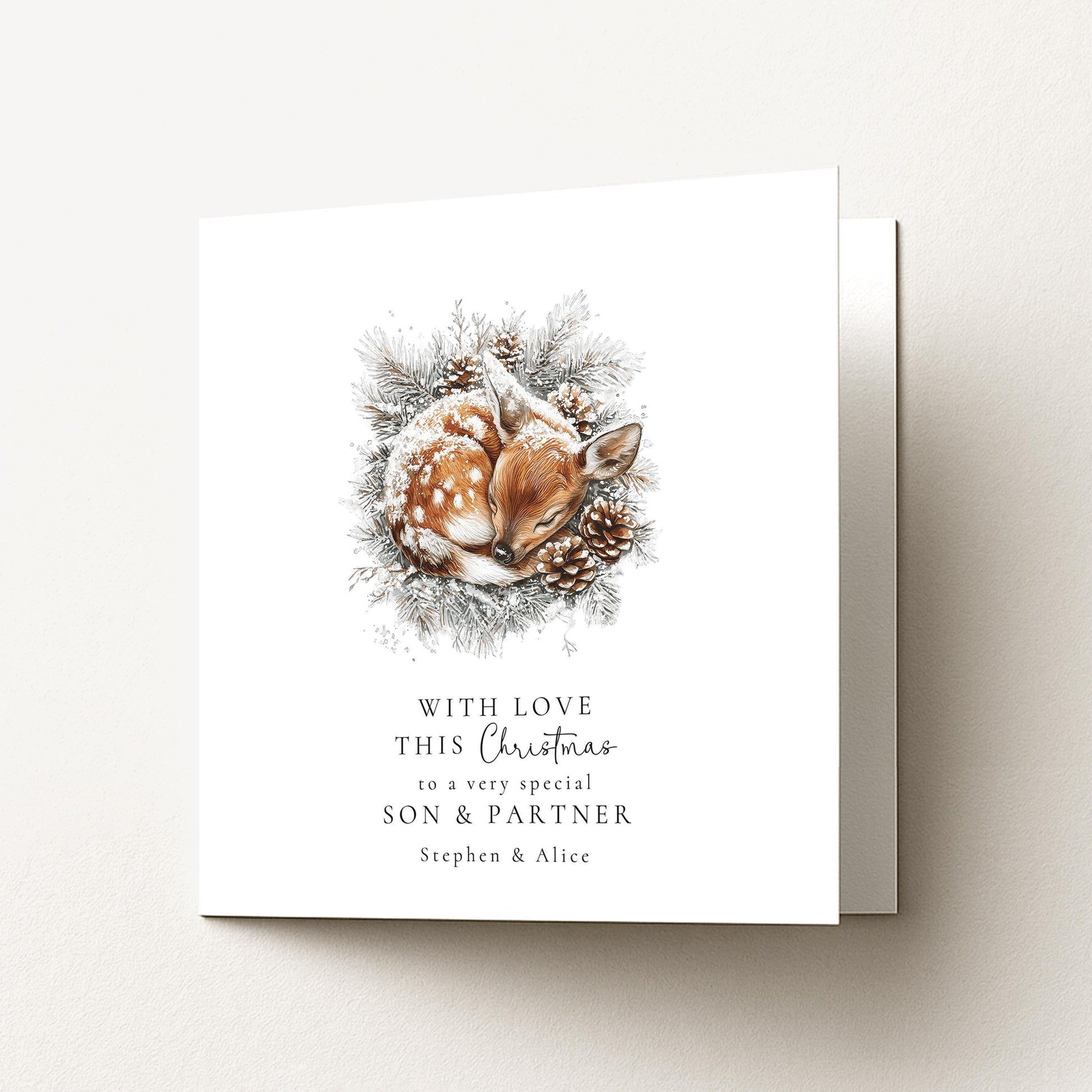 Son Partner Christmas Card – Personalised Winter Deer Illustration With Envelope Included
