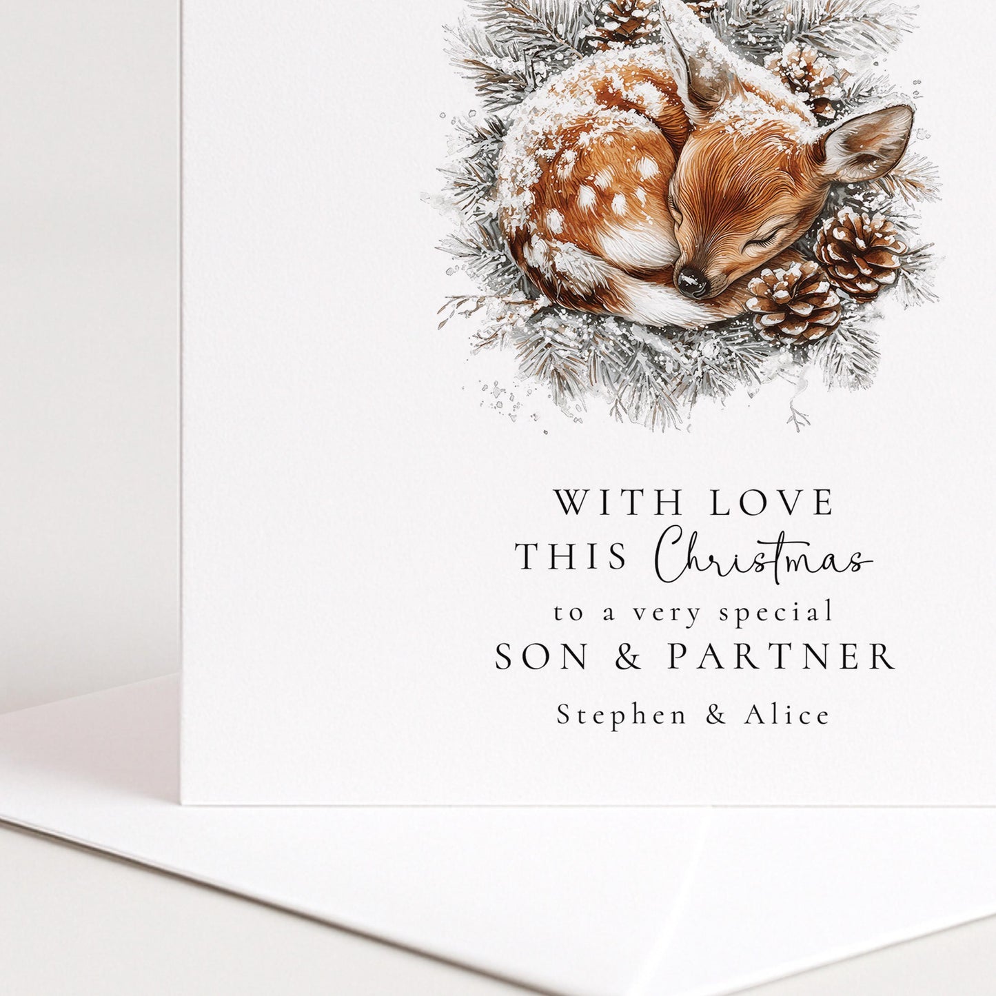 Son Partner Christmas Card – Personalised Winter Deer Illustration With Envelope Included