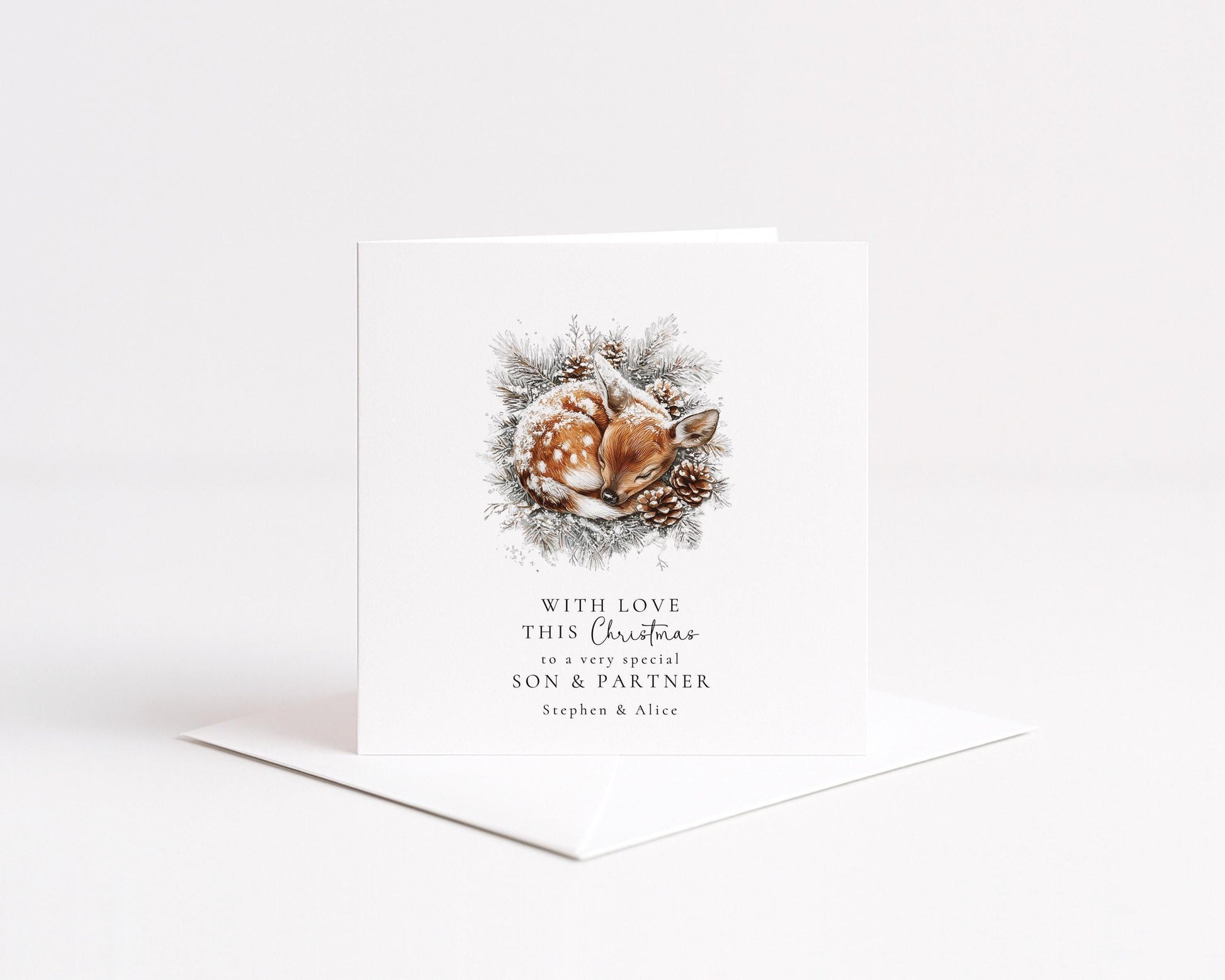 Son Partner Christmas Card – Personalised Winter Deer Illustration With Envelope Included
