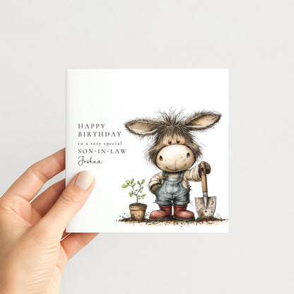 Son-in-Law Birthday Card – Personalised Garden Lover Gift With Donkey Illustration