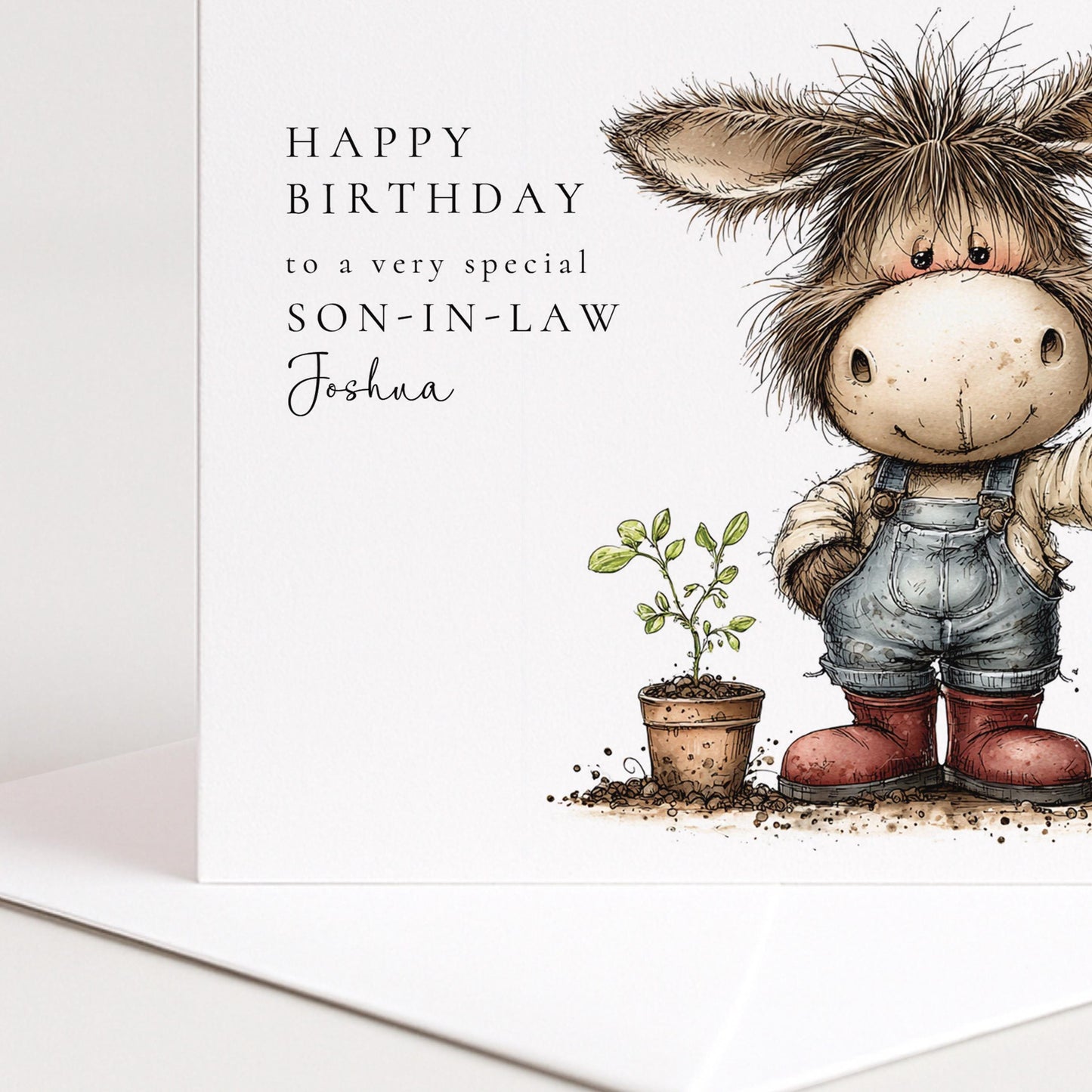 Son-in-Law Birthday Card – Personalised Garden Lover Gift With Donkey Illustration