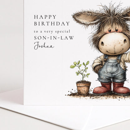 Son-in-Law Birthday Card – Personalised Garden Lover Gift With Donkey Illustration