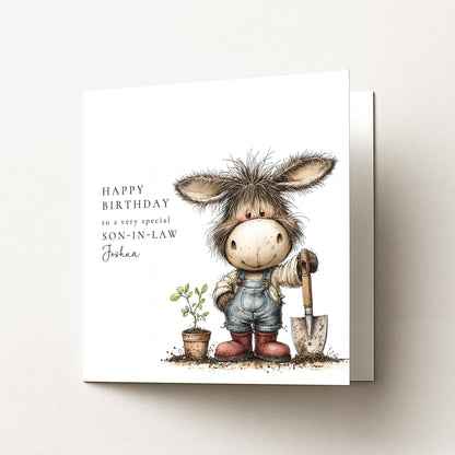 Son-in-Law Birthday Card – Personalised Garden Lover Gift With Donkey Illustration