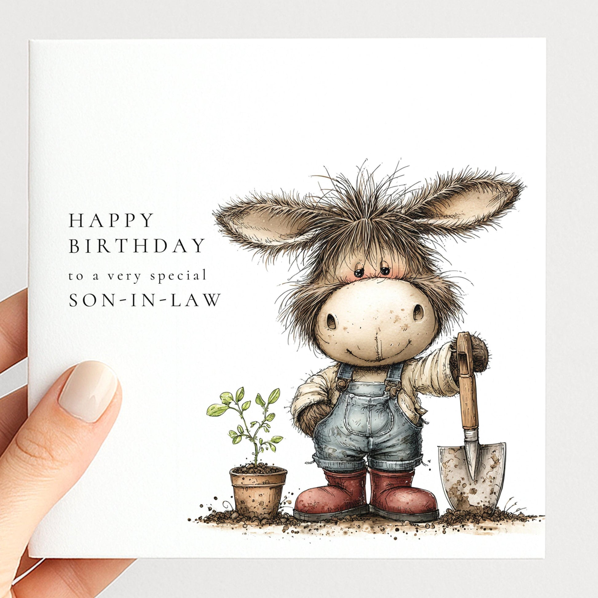 Son-in-Law Birthday Card – Personalised Garden Lover Gift With Donkey Illustration