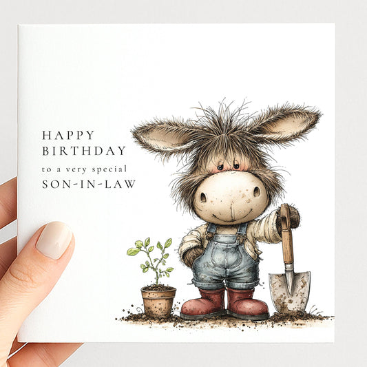 Son-in-Law Birthday Card – Personalised Garden Lover Gift With Donkey Illustration