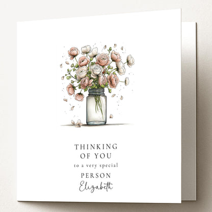 Thinking Of You Card - Personalised Floral Greeting With Bouquet In Glass Jar