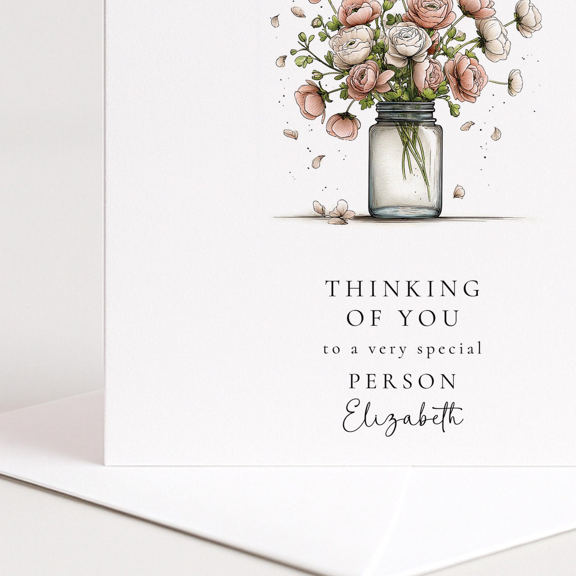 Thinking Of You Card - Personalised Floral Greeting With Bouquet In Glass Jar