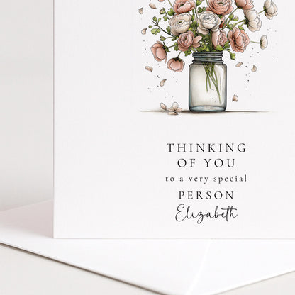 Thinking Of You Card - Personalised Floral Greeting With Bouquet In Glass Jar