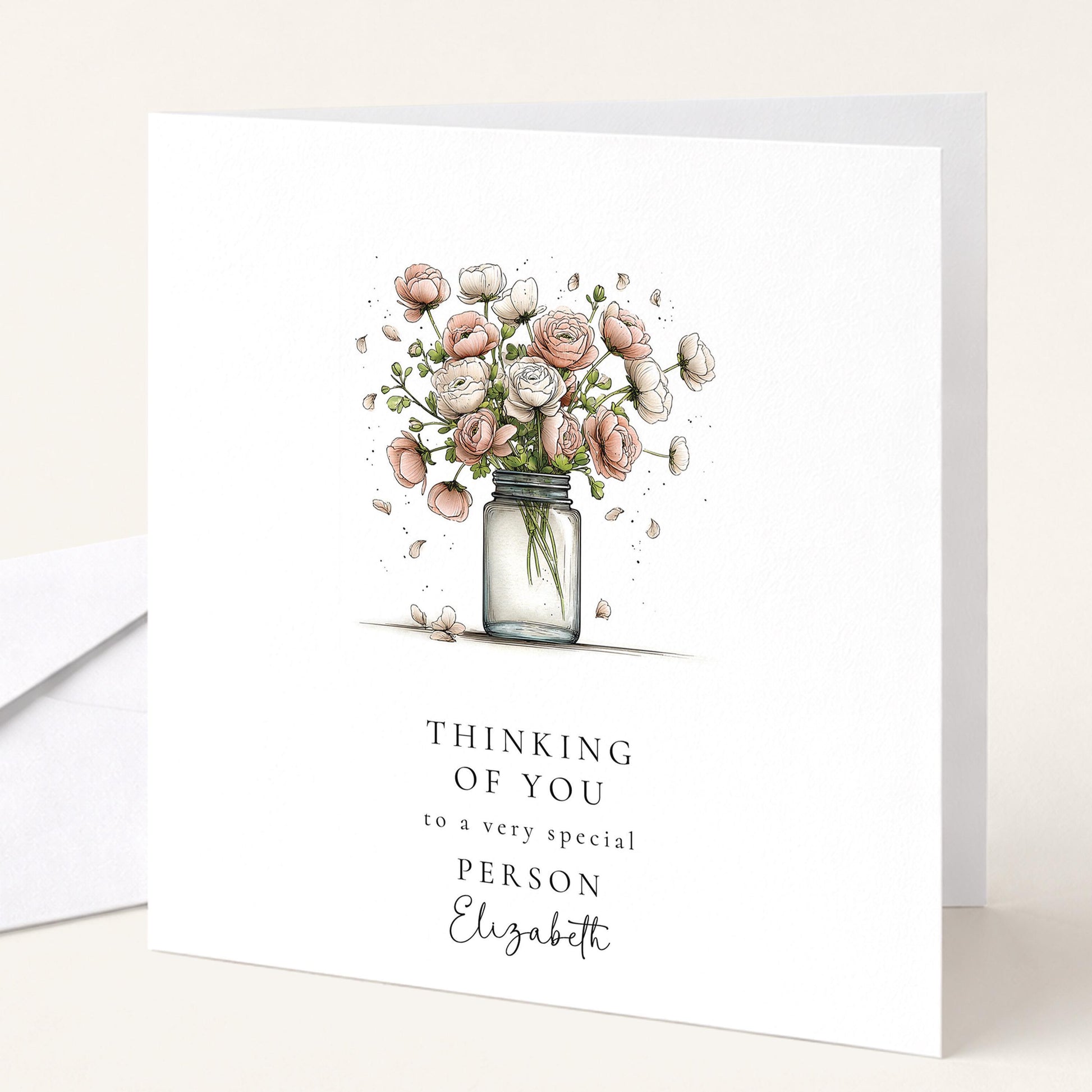 Thinking Of You Card - Personalised Floral Greeting With Bouquet In Glass Jar