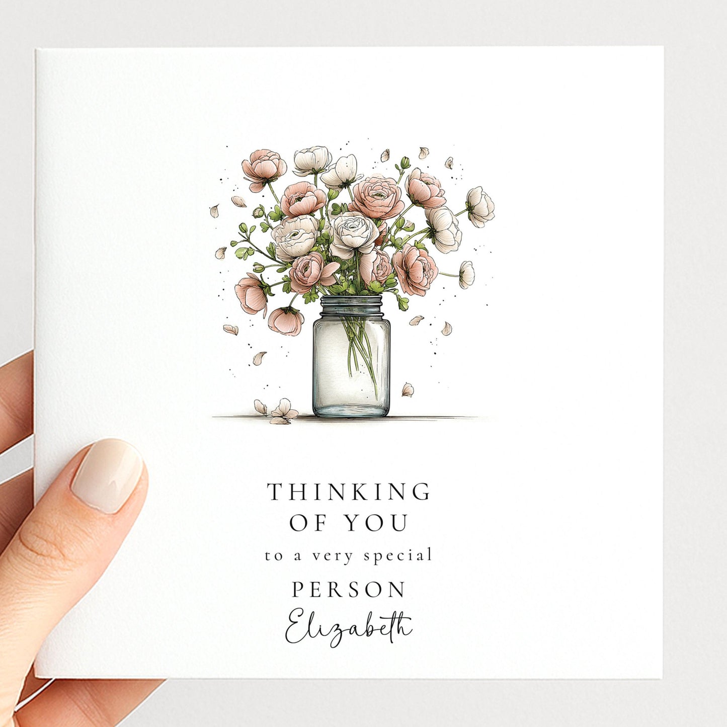 Thinking Of You Card - Personalised Floral Greeting With Bouquet In Glass Jar