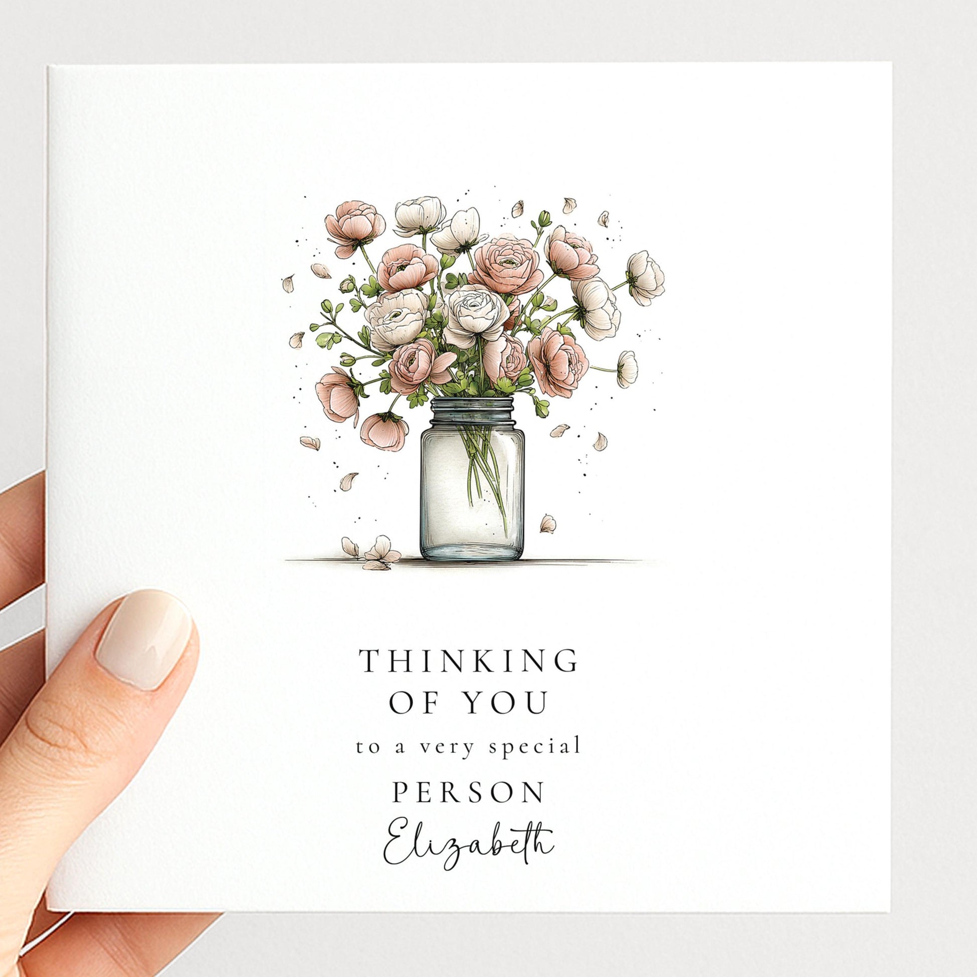 Thinking Of You Card - Personalised Floral Greeting With Bouquet In Glass Jar