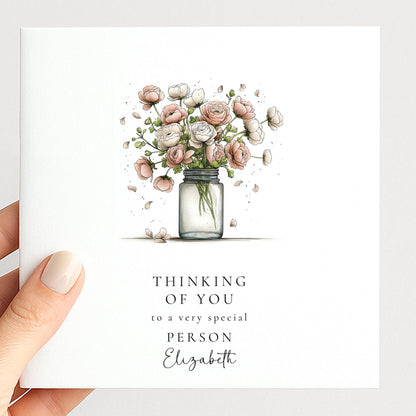 Thinking Of You Card - Personalised Floral Greeting With Bouquet In Glass Jar