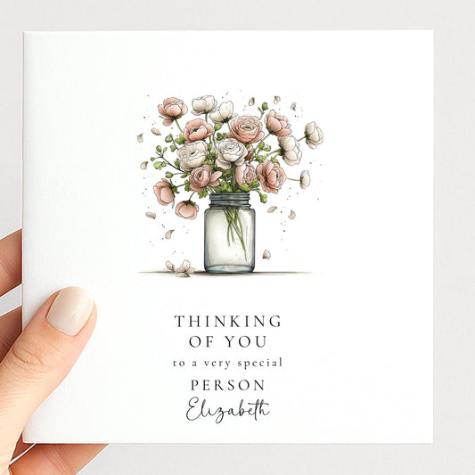 Thinking Of You Card - Personalised Floral Greeting With Bouquet In Glass Jar