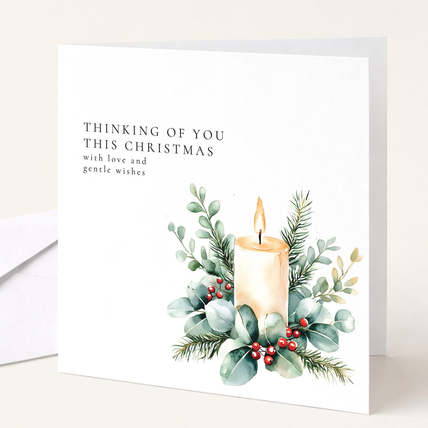Thinking Of You Card – Watercolour Candle Christmas Greeting Card With Winter Foliage