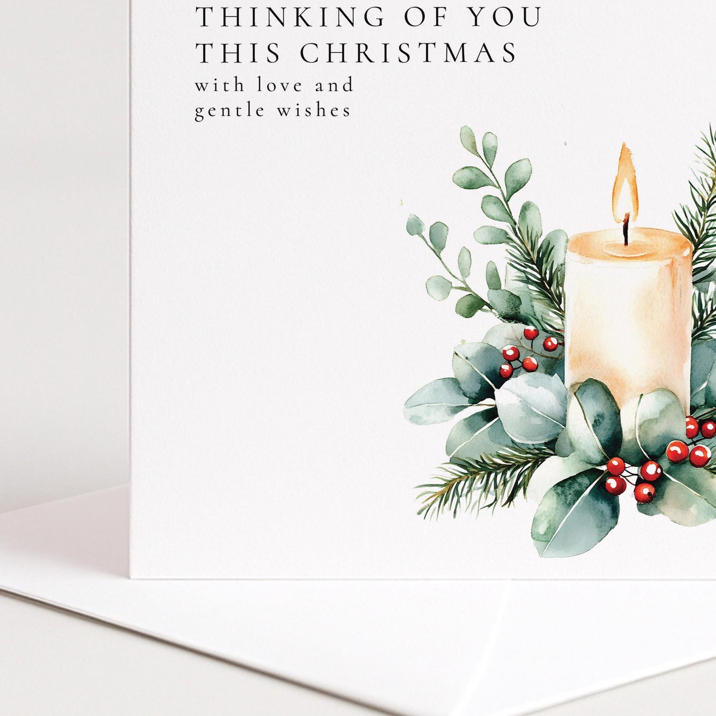 Thinking Of You Card – Watercolour Candle Christmas Greeting Card With Winter Foliage