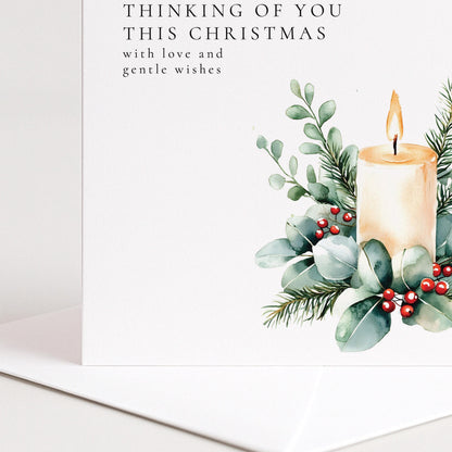 Thinking Of You Card – Watercolour Candle Christmas Greeting Card With Winter Foliage