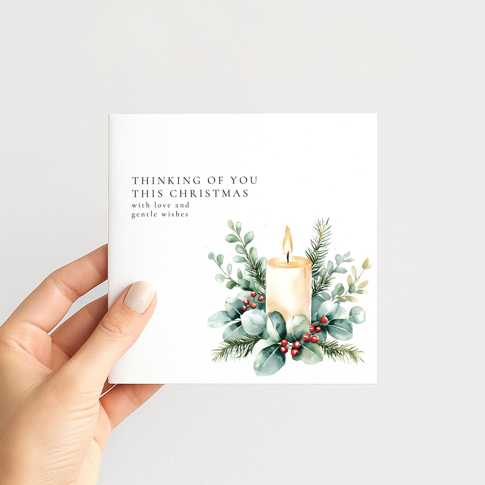 Thinking Of You Card – Watercolour Candle Christmas Greeting Card With Winter Foliage