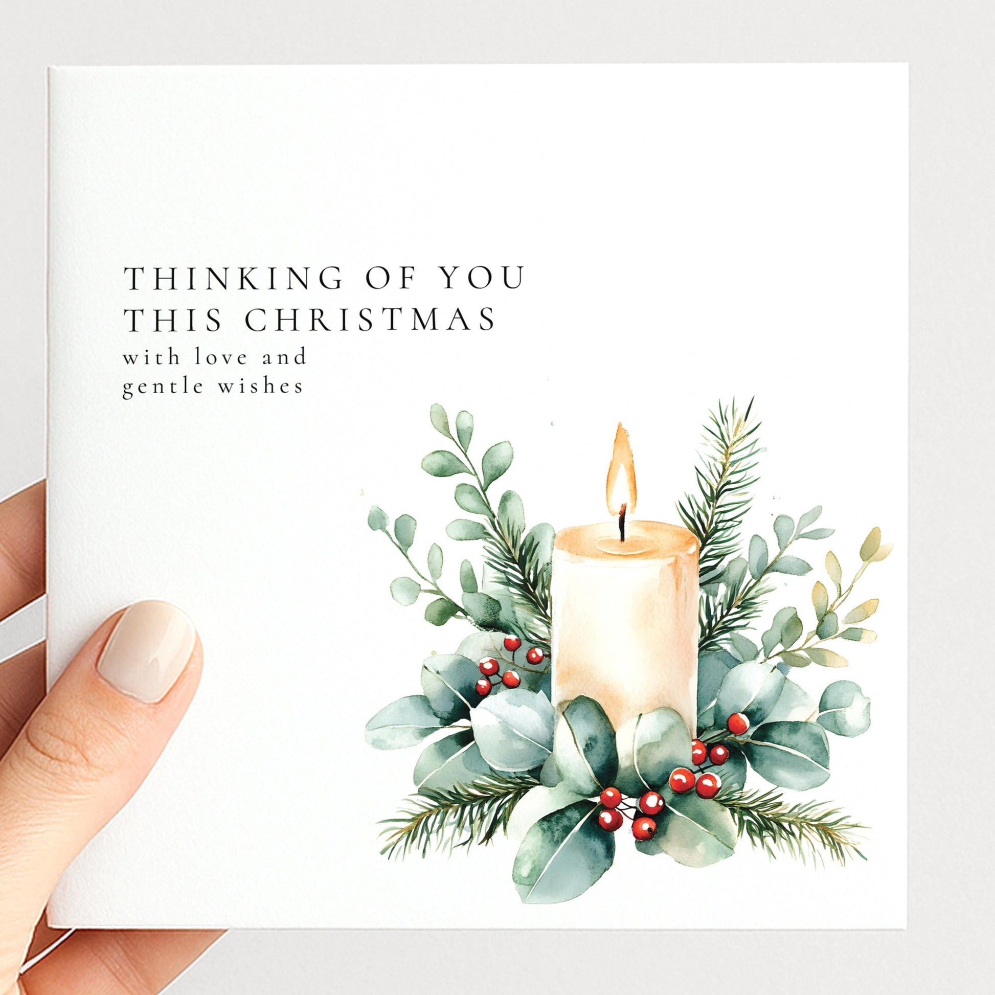 Thinking Of You Card – Watercolour Candle Christmas Greeting Card With Winter Foliage