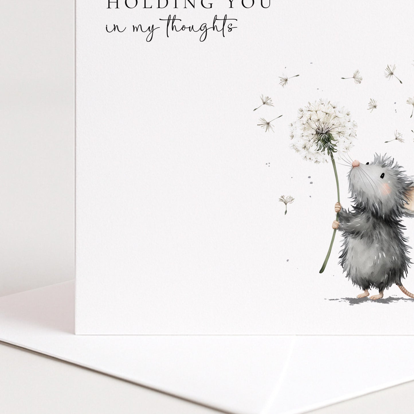 Thinking of You Card – Comfort Sympathy Support Card With Mouse Holding Dandelion