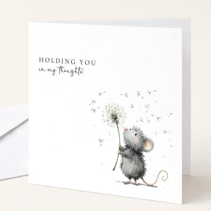 Thinking of You Card – Comfort Sympathy Support Card With Mouse Holding Dandelion