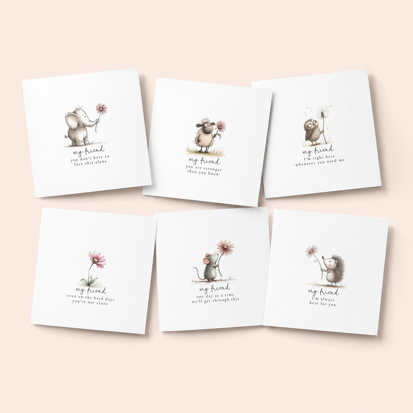 Pack of 6 thinking of you cards for a friend with cute animal illustrations and heartfelt sentiments, printed on 300gsm card