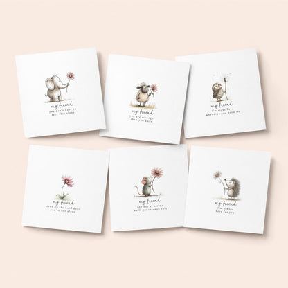 Pack of 6 thinking of you cards for a friend with cute animal illustrations and heartfelt sentiments, printed on 300gsm card