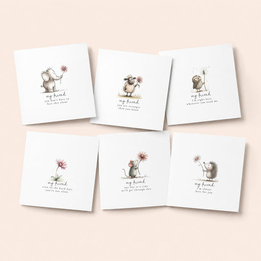 Pack of 6 thinking of you cards for a friend with cute animal illustrations and heartfelt sentiments, printed on 300gsm card