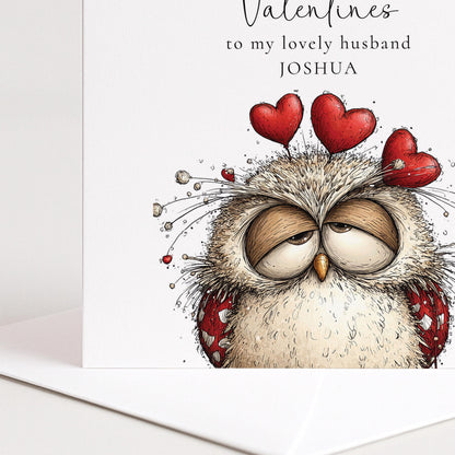 Valentines Card Husband - Personalised Cute Owl With Hearts | Romantic Greeting Card