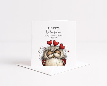 Valentines Card Husband - Personalised Cute Owl With Hearts | Romantic Greeting Card