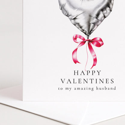 Valentines Card Husband - Personalised Heart Balloon Card With Pink Ribbon Detail