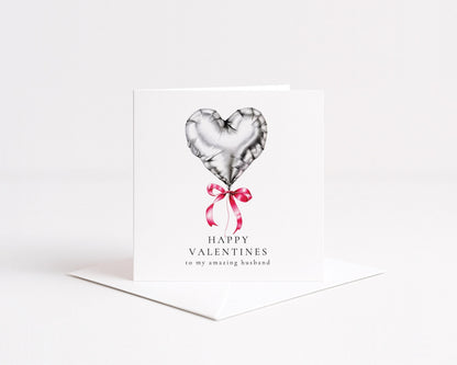 Valentines Card Husband - Personalised Heart Balloon Card With Pink Ribbon Detail