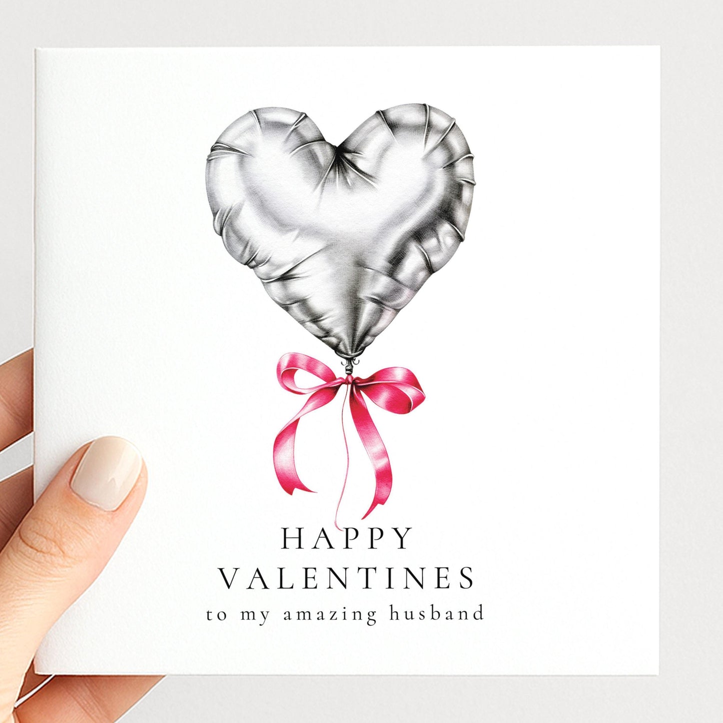 Valentines Card Husband - Personalised Heart Balloon Card With Pink Ribbon Detail
